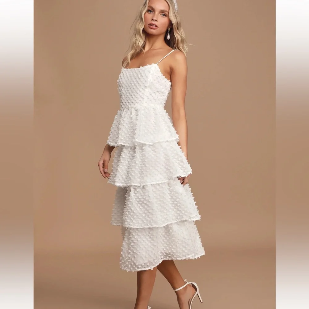 Lulus Flirting with You White Tiered Pom Pom Midi Dress Size M EUC - Picture 2 of 4